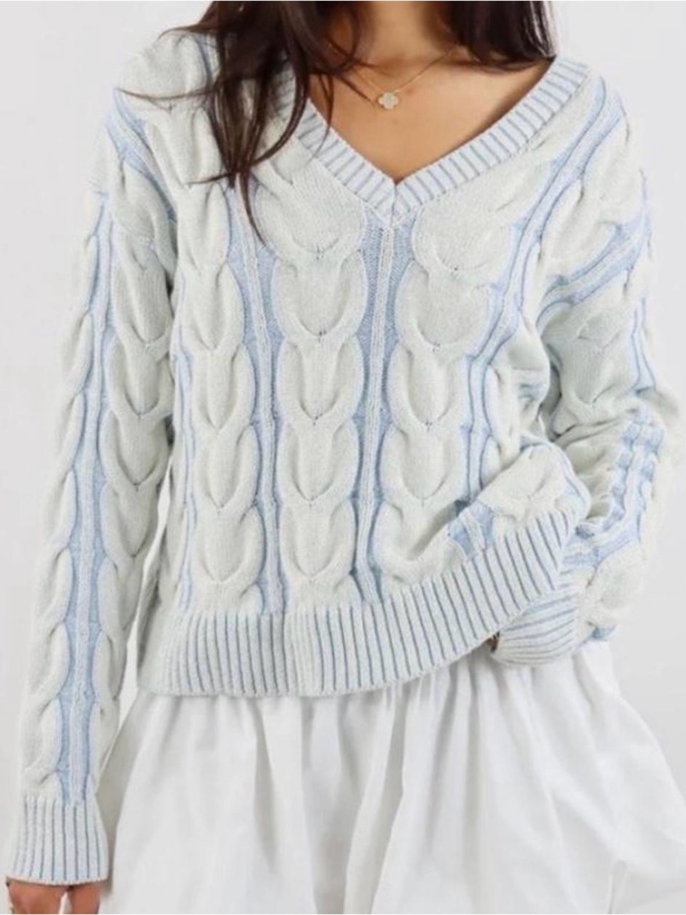 Free People Light Blue Cable Knit V-Neck Pullover